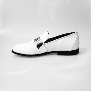 Jackson (PJ) - Loafer in White Patent Leather and Silver Band Lined in Genuine Italian Leather
