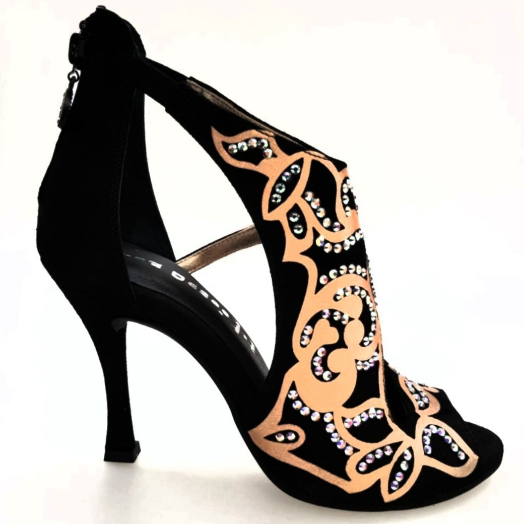 Sandalo donna Wishdance Desiré SW in camoscio nero con inserti in raso seta bronzo e Swarovski Boreali, dettaglio elegante.