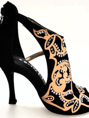 Carica immagine nella Galleria, Desiré SW - Sandalo da Donna in Camoscio Nero Inserto Raso Seta Bronzo con Swarovski Boreali
