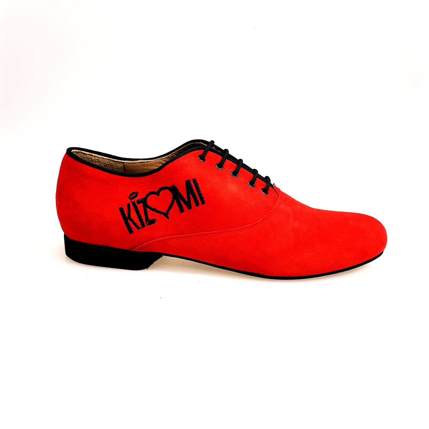 Scarpe stringate da uomo Milano KIZMI in camoscio rosso con profilo nero, chiusura Oxford, ricamo nero, forma tonda