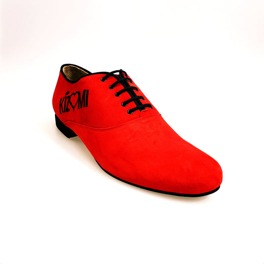 Scarpe Milano MS07 KIZMI da uomo, stringate oxford in camoscio rosso con profilo nero e ricamo, forma tonda.