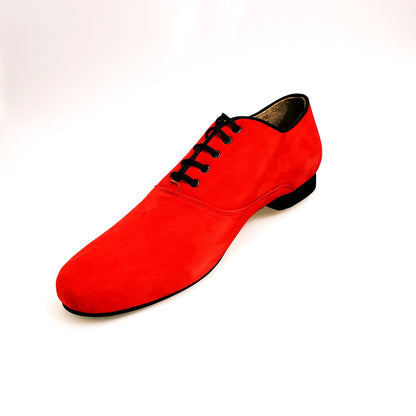 Scarpe stringate da uomo Milano KIZMI in camoscio rosso con profilo nero, chiusura Oxford, ricamo nero, forma tonda.