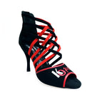 Carica immagine nella Galleria, Megan (161) K.Open - Sandalo da Donna in Camoscio nero Strisce in camoscio Rosso e camoscio Nero Ricamo Kizomba Open rosso
