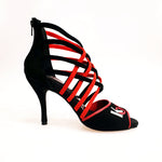 Carica immagine nella Galleria, Megan (161) K.Open - Sandalo da Donna in Camoscio nero Strisce in camoscio Rosso e camoscio Nero Ricamo Kizomba Open rosso
