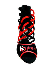 Carica immagine nella Galleria, Megan (161) K.Open - Sandalo da Donna in Camoscio nero Strisce in camoscio Rosso e camoscio Nero Ricamo Kizomba Open rosso
