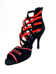 Carica immagine nella Galleria, Megan (161) K.Open - Sandalo da Donna in Camoscio nero Strisce in camoscio Rosso e camoscio Nero Ricamo Kizomba Open rosso
