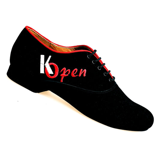 Scarpa da uomo Malaga MS07 K.Open in camoscio nero con ricamo Kizomba, chiusura stringata modello Oxford, Wish Dance Shop