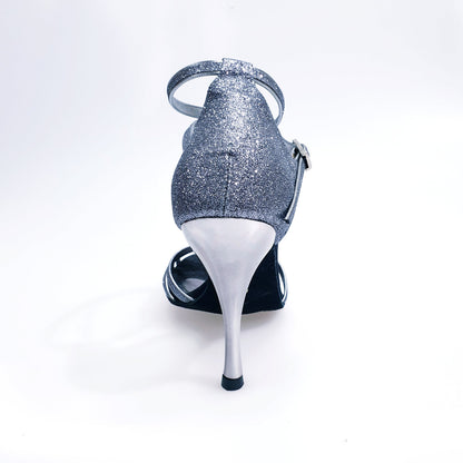 Scarpa da ballo Wishdance Pepa in glitter carbon con 6 fascette e tacco spillo, scarpa da donna elegante e comoda.