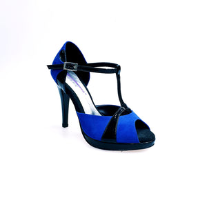 Xena (698X) - Woman's Sandal in Blue Suede and Black Patent Leather with Platform and Stiletto Heel