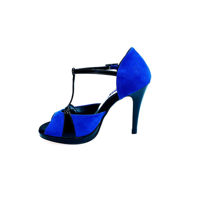 Sandalo donna Wish Dance Shop Xena 698X in camoscio blu e vernice nera con plateau e tacco a spillo, dettaglio elegante e sofisticato.