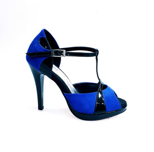 Xena (698X) - Sandalo da Donna in Camoscio Blu e Vernice Nera con Plateau e Tacco a Spillo