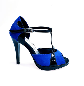 Xena (698X) - Woman's Sandal in Blue Suede and Black Patent Leather with Platform and Stiletto Heel