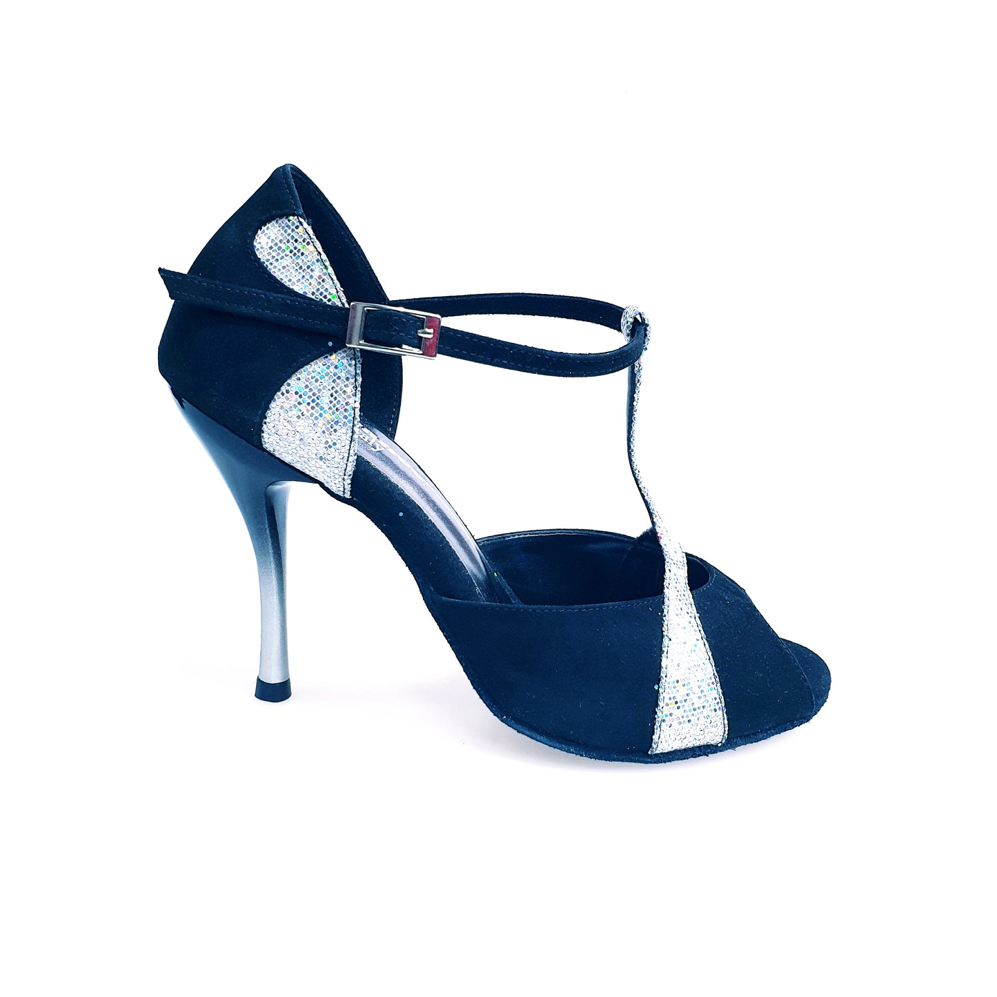 Sandalo da donna Xena (698) in camoscio nero con tacco slim e dettaglio prisma Boreale silver, scarpa elegante Wish Dance Shop