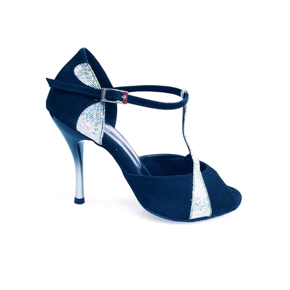 Sandalo da donna Xena (698) in camoscio nero con tacco slim e dettaglio prisma Boreale silver, scarpa elegante Wish Dance Shop
