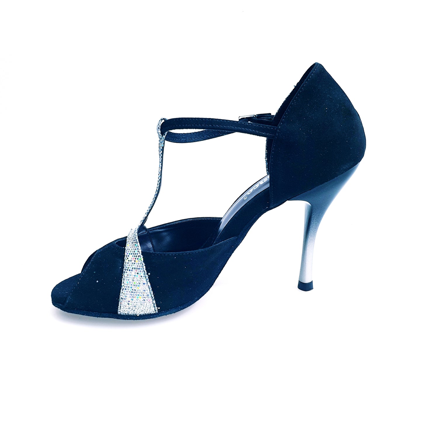 Sandalo da donna Wish Dance Shop Xena in camoscio nero con dettaglio prismato Boreale silver e tacco slim, scarpa elegante.