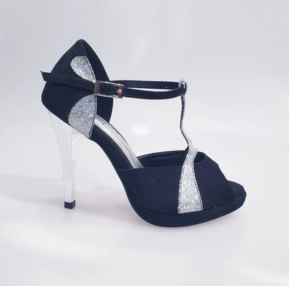 Sandalo donna Xena (698X) in camoscio nero e glitter argento con plateau e tacco a spillo, scarpa elegante Wish Dance Shop