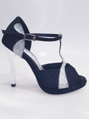 Carica immagine nella Galleria, Xena (698X) - Sandalo da Donna inCamoscio Nero e Glitter Argento Con Plateau e Tacco a Spillo
