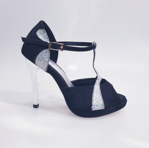 Xena (698X) - Woman's Sandal in Black Suede and Silver Glitter With Platform and Stiletto Heel