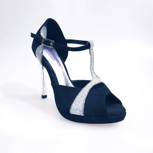 Sandalo da donna Xena (698X) in camoscio nero e glitter argento con plateau e tacco a spillo, scarpa elegante Wish Dance Shop