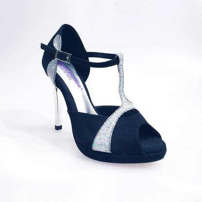 Sandalo da donna Xena (698X) in camoscio nero e glitter argento con plateau e tacco a spillo, scarpa elegante Wish Dance Shop