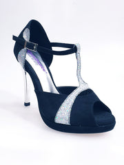 Carica immagine nella Galleria, Xena (698X) - Sandalo da Donna inCamoscio Nero e Glitter Argento Con Plateau e Tacco a Spillo
