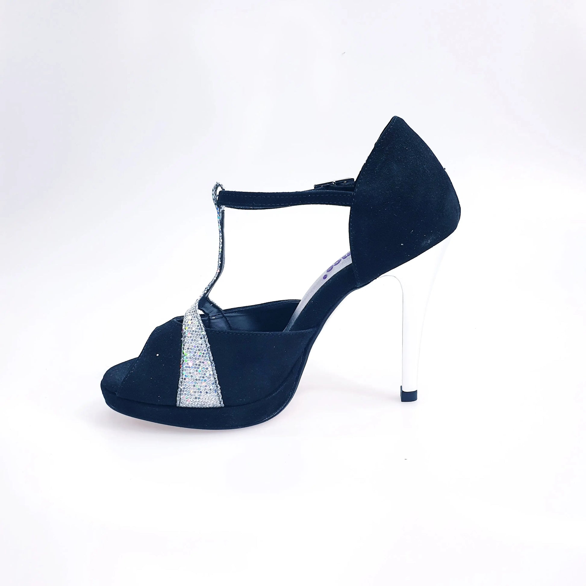 Sandalo da donna Xena 698X in camoscio nero e glitter argento, con plateau e tacco a spillo, scarpa Wish Dance Shop