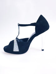 Carica immagine nella Galleria, Xena (698X) - Sandalo da Donna inCamoscio Nero e Glitter Argento Con Plateau e Tacco a Spillo
