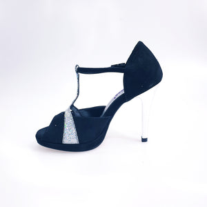 Xena (698X) - Woman's Sandal in Black Suede and Silver Glitter With Platform and Stiletto Heel