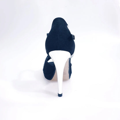 Sandalo donna Xena in camoscio nero e glitter argento con plateau e tacco a spillo, scarpa elegante Wish Dance Shop