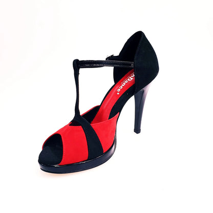 Sandalo da donna Xena (698X) in camoscio rosso e nero con plateau e tacco a spillo, scarpa Wish Dance Shop, vista frontale