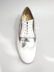 Carica immagine nella Galleria, Richard (MS14) - Stringata Coda di rondine Mod. Oxford Brogue Scarpa in Pelle Bianca e Pelle Argento Forma Lunga Wish Dance Shop