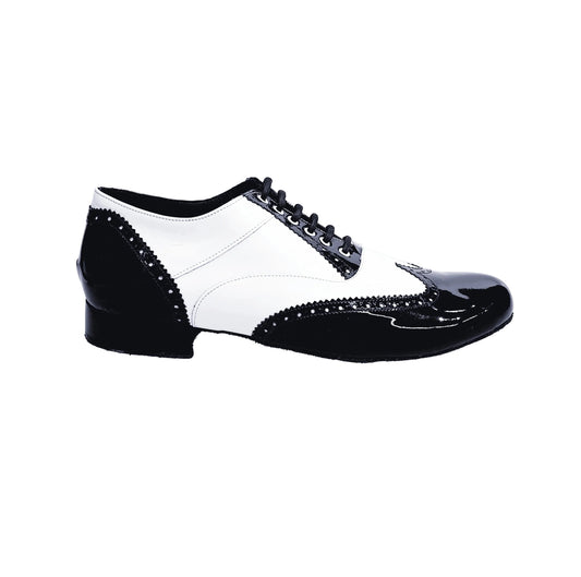 Scarpa stringata Adone MS14 Wish Dance Shop in vernice nera e bianca, forma tonda, stile Oxford Brogue con coda di rondine