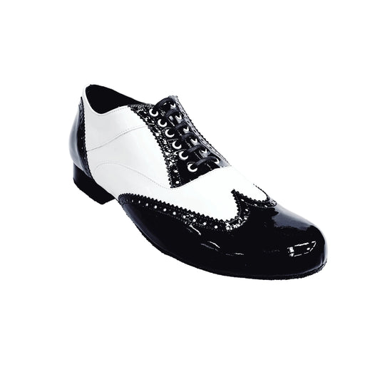 Stringata Coda di Rondine Mod. Oxford Brogue Scarpa in Vernice Nera e Vernice Bianca Forma Tonda Adone, vista laterale