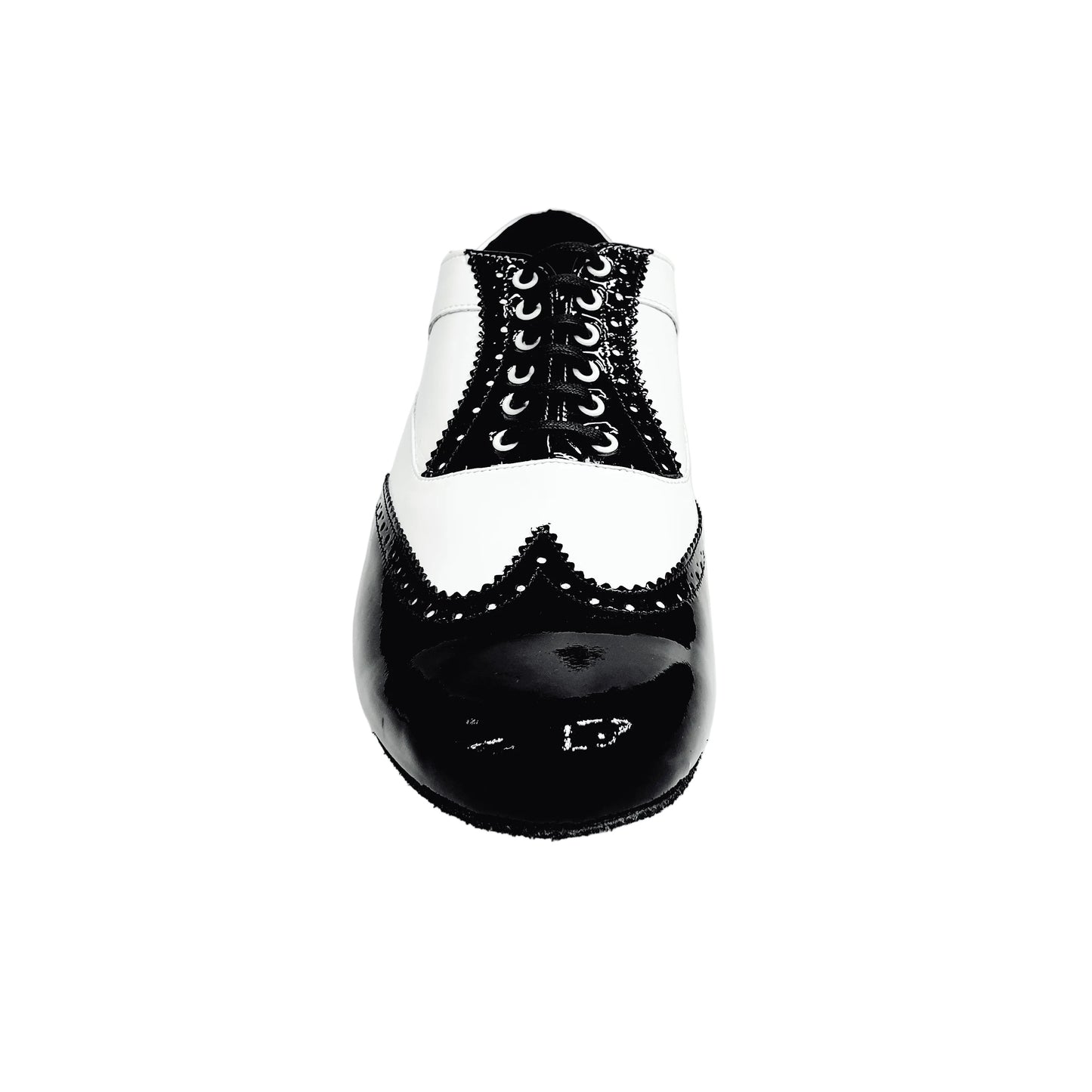 Scarpa stringata Oxford Brogue Adone MS14 in vernice nera e bianca, forma tonda, con dettagli eleganti e stile classico.