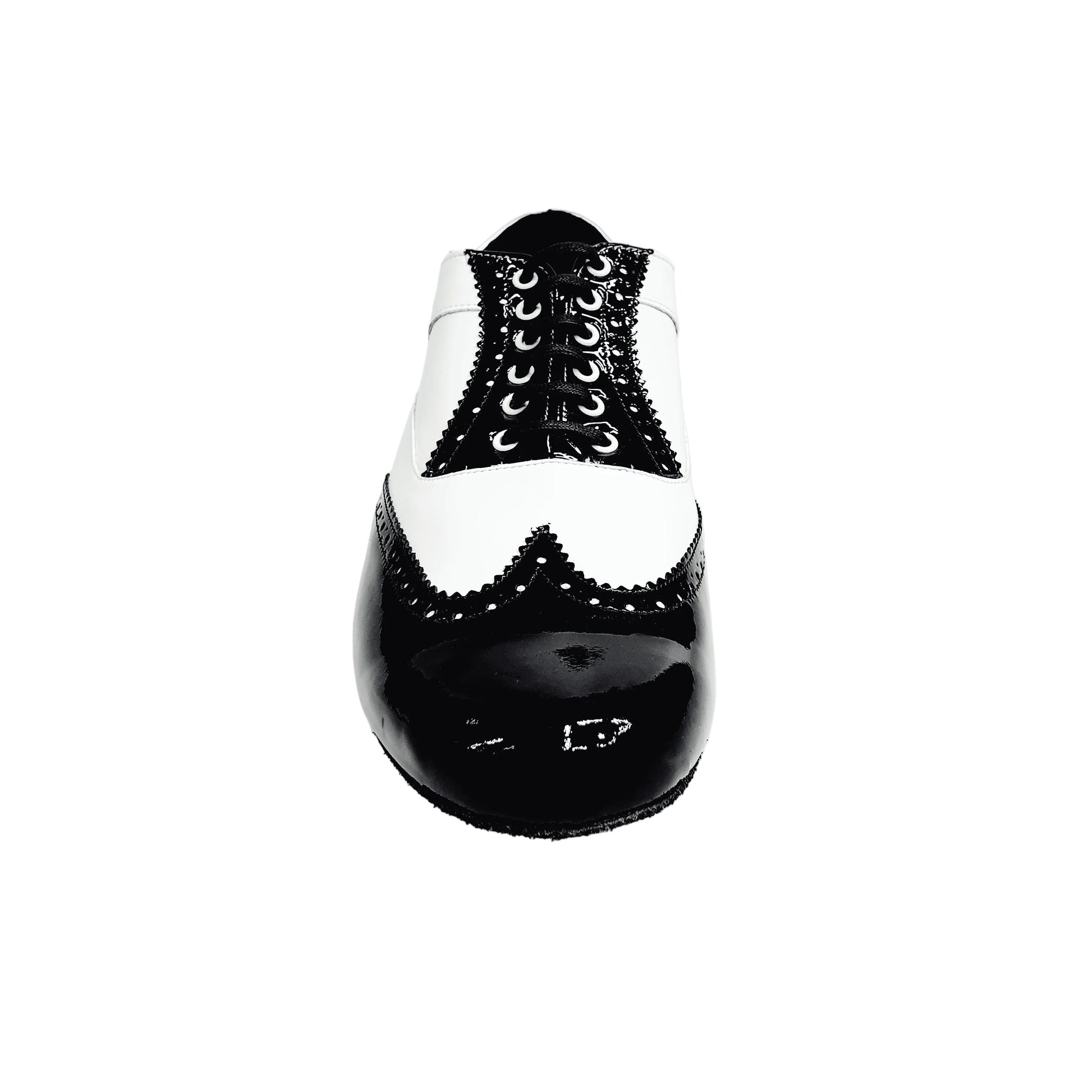 Scarpa stringata Oxford Brogue Adone MS14 in vernice nera e bianca, forma tonda, con dettagli eleganti e stile classico.