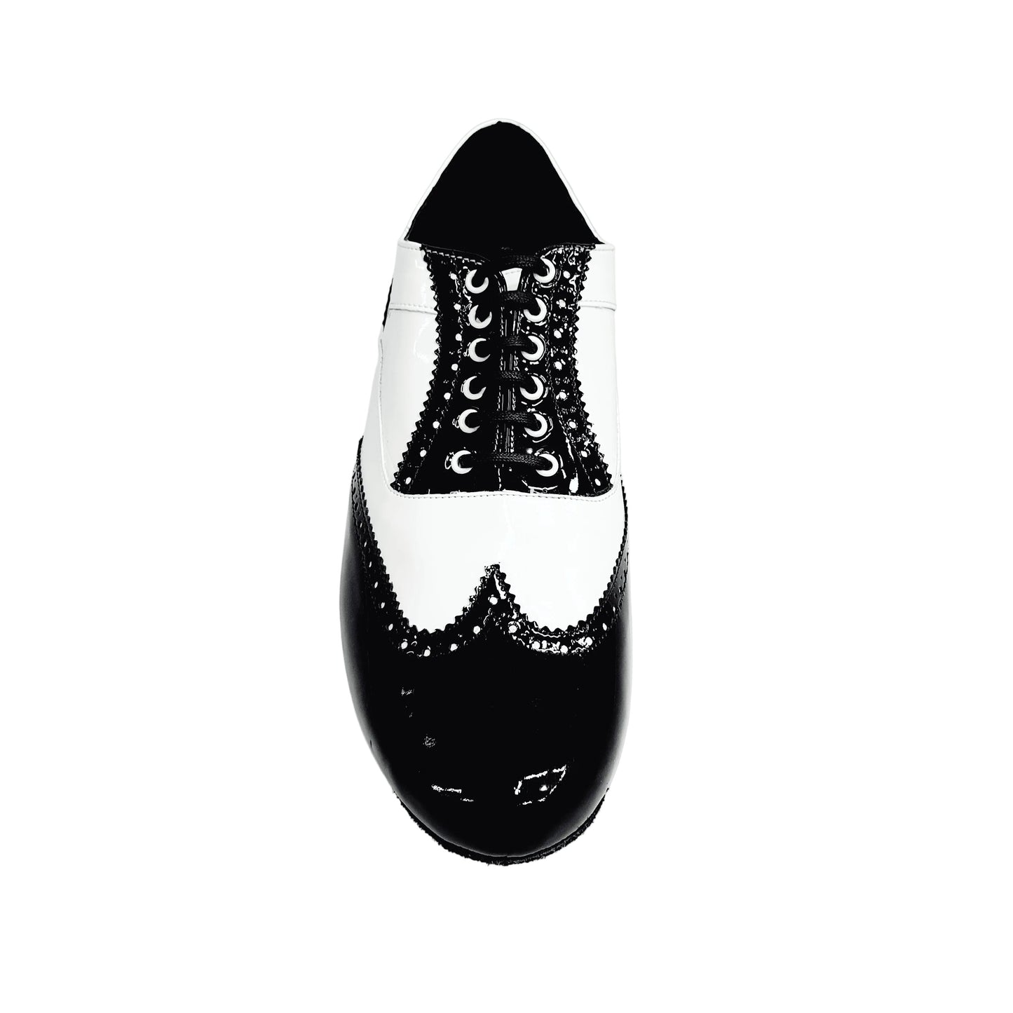 Scarpa stringata adone MS14 in vernice bianca e nera, forma tonda, stile Oxford Brogue con coda di rondine, marca Wish Dance Shop