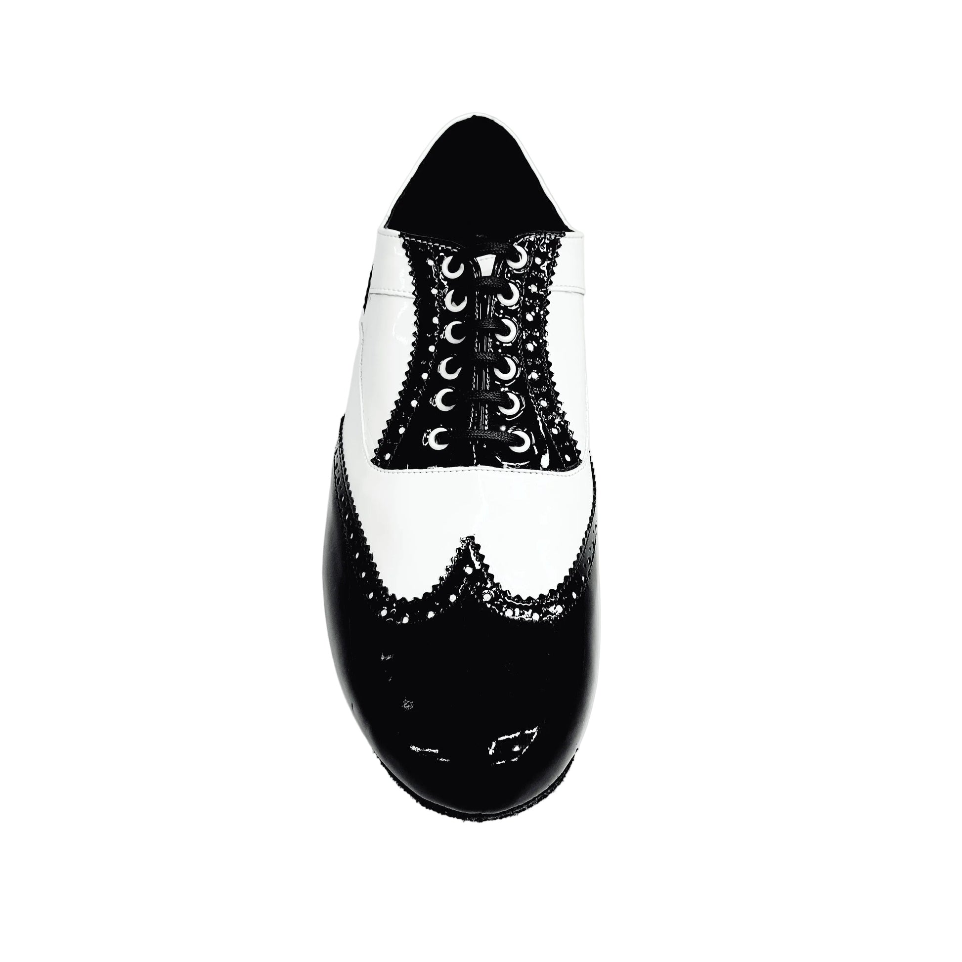 Scarpa stringata adone MS14 in vernice bianca e nera, forma tonda, stile Oxford Brogue con coda di rondine, marca Wish Dance Shop