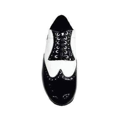 Scarpa stringata adone MS14 in vernice bianca e nera, forma tonda, stile Oxford Brogue con coda di rondine, marca Wish Dance Shop