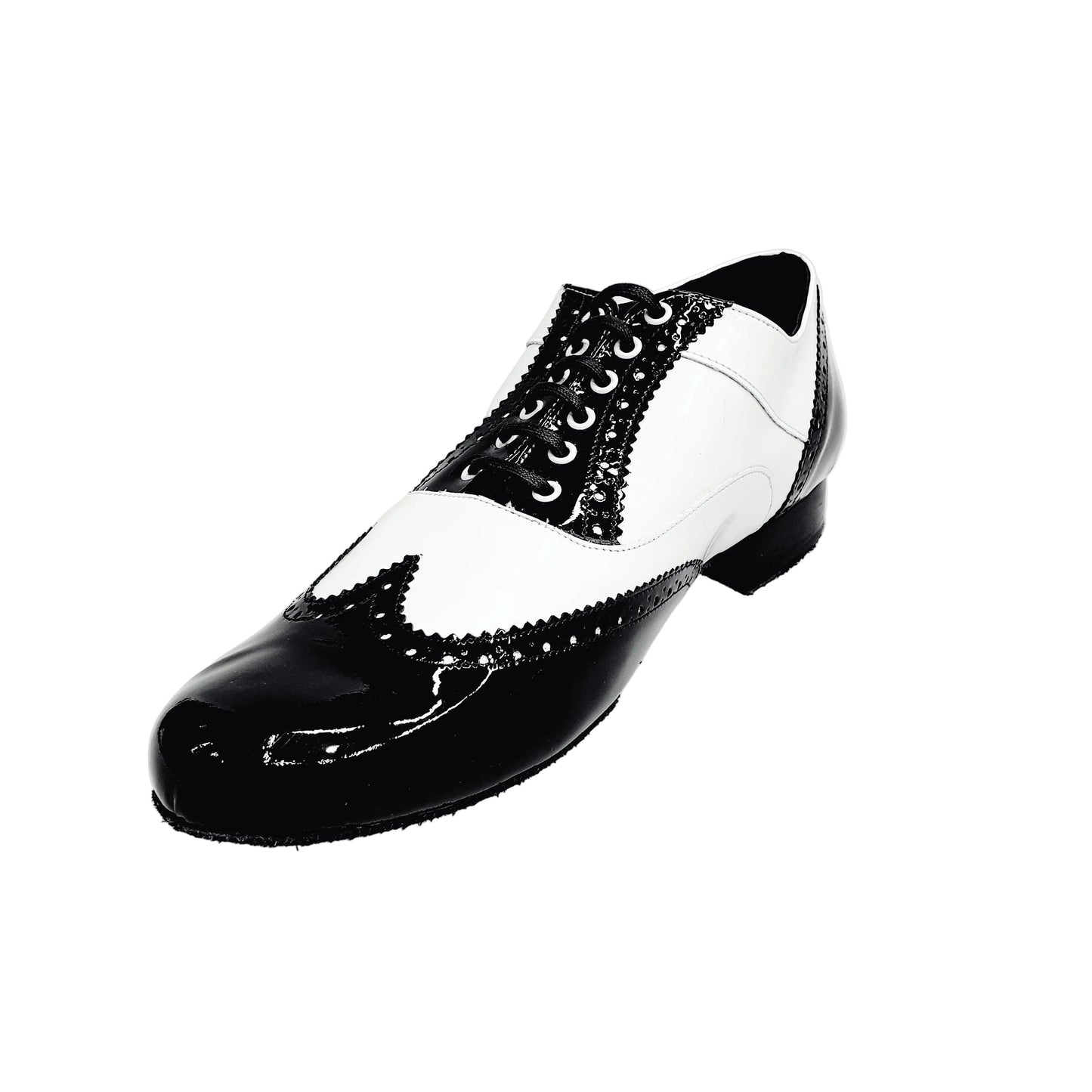 Scarpa stringata Adone MS14 in vernice nera e bianca, modello Oxford Brogue con punta tonda, stile elegante e classico.