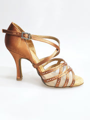 Load image into Gallery viewer, Brigitte QC (1538H) - Woman&#39;s Shoe in Bronze Satin with Mesh and Tan Rhinestones
