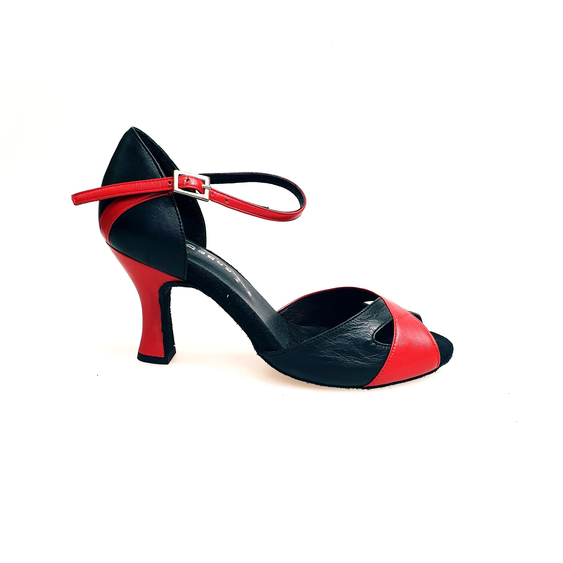 Scarpa da donna Ely QA 32QA in pelle rossa e nera con tacco rocchetto, stile elegante e raffinato, vista laterale.