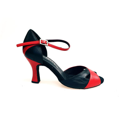 Scarpa da donna Ely QA 32QA in pelle rossa e nera con tacco rocchetto, stile elegante e raffinato, vista laterale.