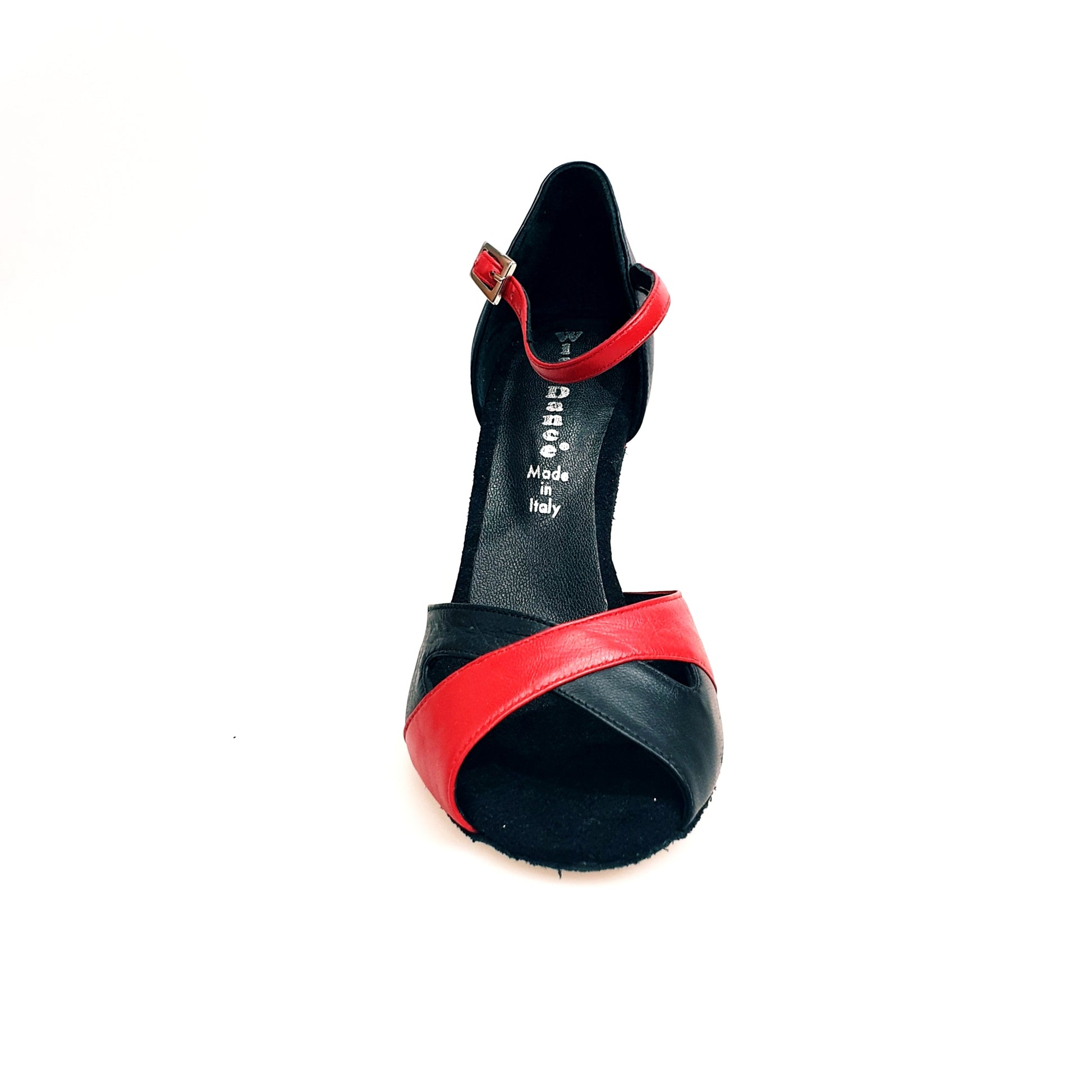 Scarpa da donna Ely QA (32QA) in pelle rossa e nera con tacco rocchetto, elegante e di alta qualità, vistosa e raffinata.