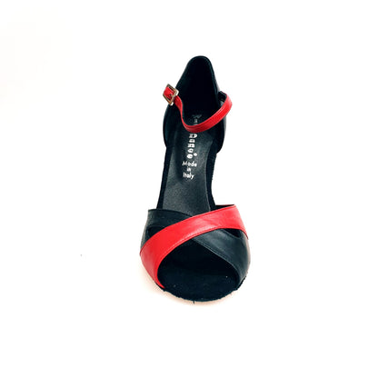 Scarpa da donna Ely QA (32QA) in pelle rossa e nera con tacco rocchetto, elegante e di alta qualità, vistosa e raffinata.