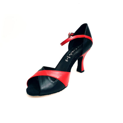 Scarpa da donna Ely QA (32QA) di Wish Dance Shop, in pelle rossa e nera con tacco rocchetto, vista frontale.