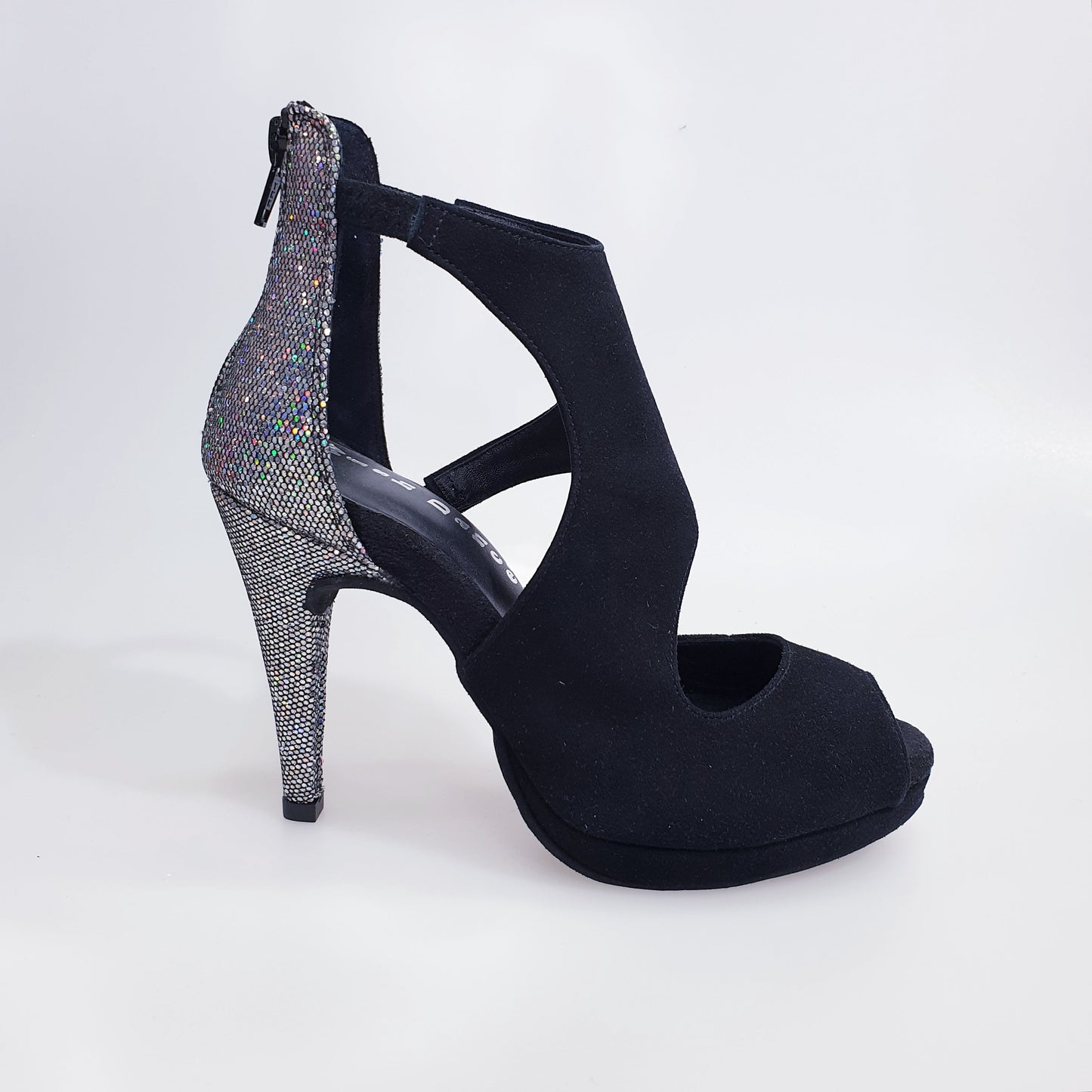 Sandalo da donna Desiré in camoscio nero e multicolore, con plateau e dettagli argentati, scarpa Wish Dance Shop