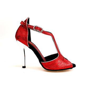 Fascino (401) - Woman's Sandal in Red Sofia with Silver Profiles