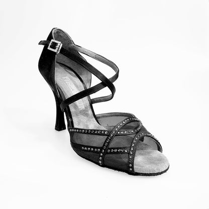 Scarpa da donna Rosa QC 1535H di Wish Dance Shop in raso nero con rete e strass nero, elegante e brillante.
