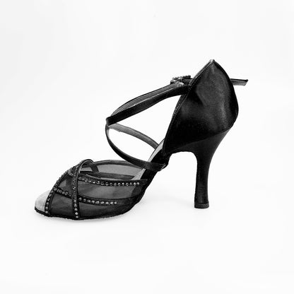 Scarpa da donna Rosa QC (1535H) di Wish Dance Shop, raso nero con rete e strass nero, elegante e raffinata.