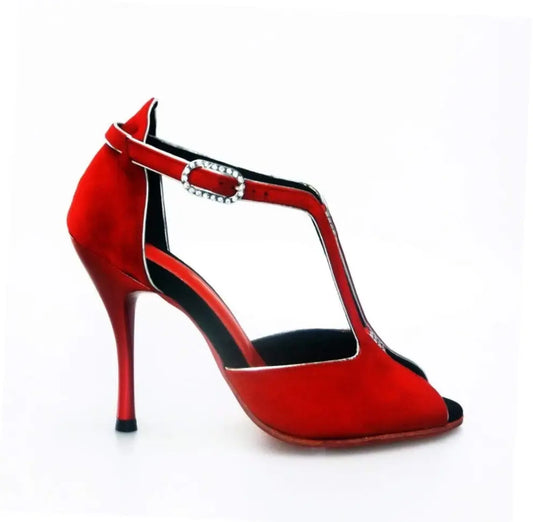 Sandalo donna Fascino (401) Wishdance in camoscio rosso vivo con profili argento e tacco smaltato rosso.
